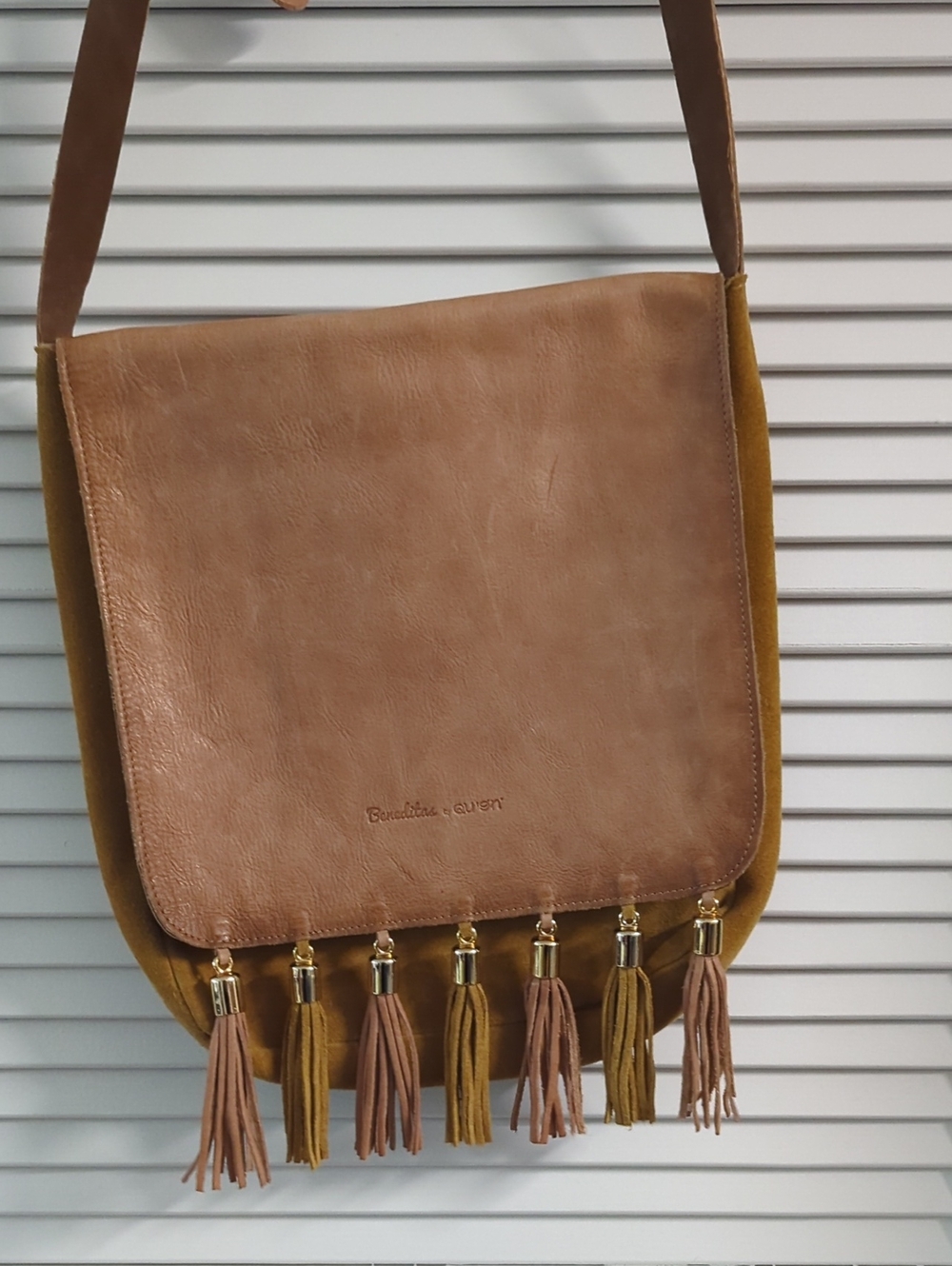 Benedita Portugal Handmade suede & leather tassel flap Crossbody Bag